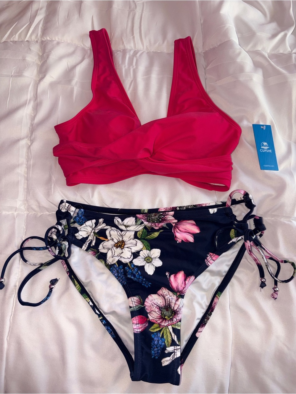 Cupshe Hot Pink Twist Bikini Top with Navy Floral Tie-Side Bottoms